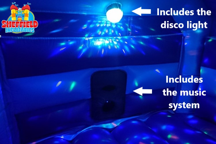 Disco ball included in bouncy castle hire in Sheffield Disco ball included inside bouncy castle hire